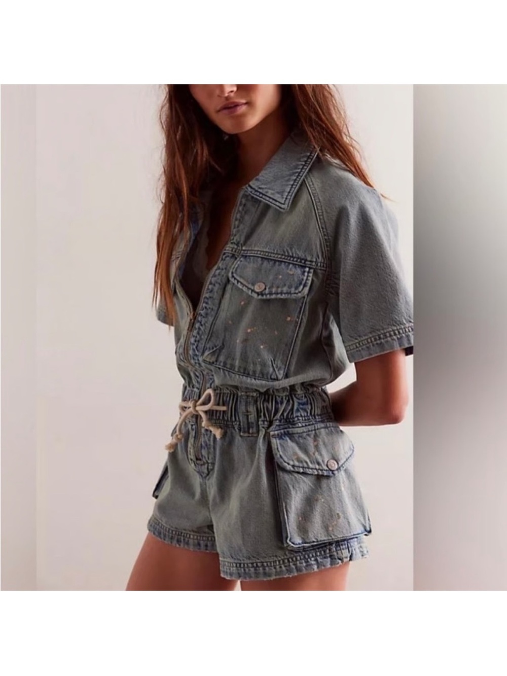Free People Mojave Denim Shortall Romper Slouchy Paint Splatter Cinch Waist NEW